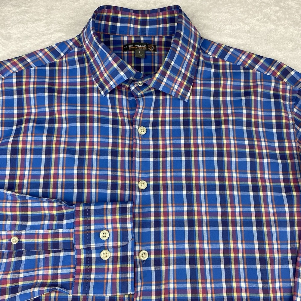 Peter Millar Summer Comfort Shirt Mens Large Multicolor Plaid Long Sleeves